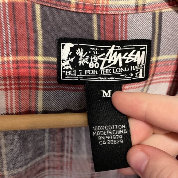 Stussy Red Plaid Long Sleeve Men’s Casual Button Down Shirt Medium 100% Cotton - Picture 6 of 7